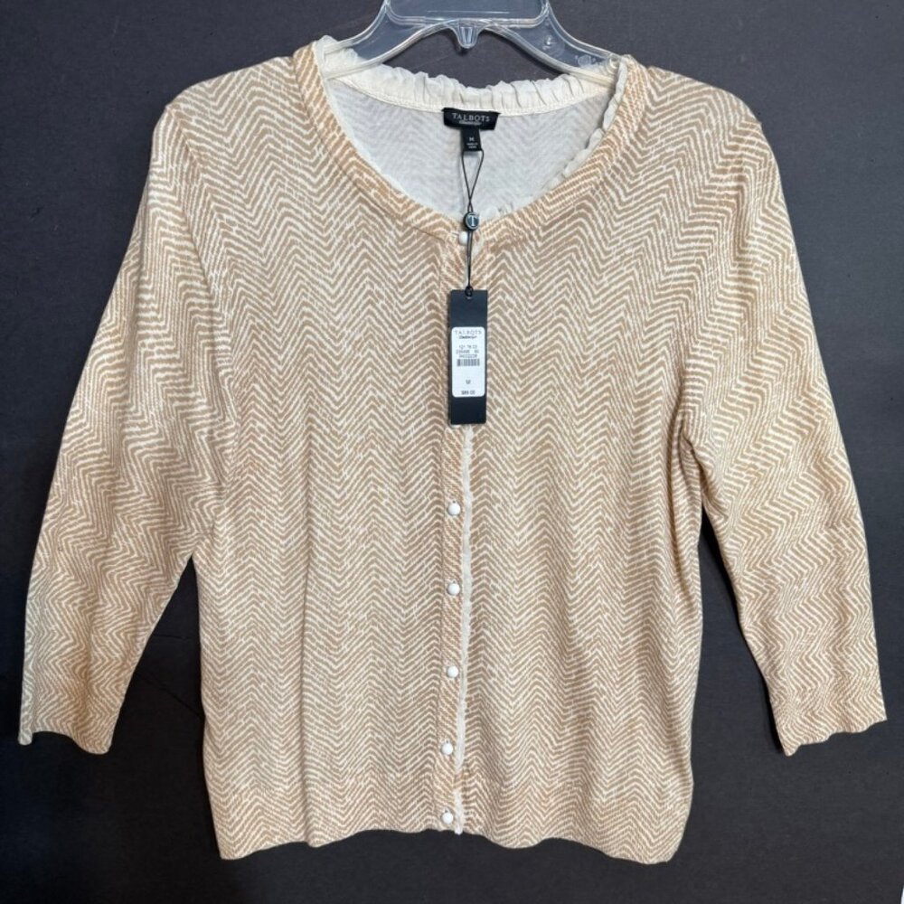 NWT Talbots Beige & White Chevron Pattern Ruffled Trim Cardigan Sweater Sz M